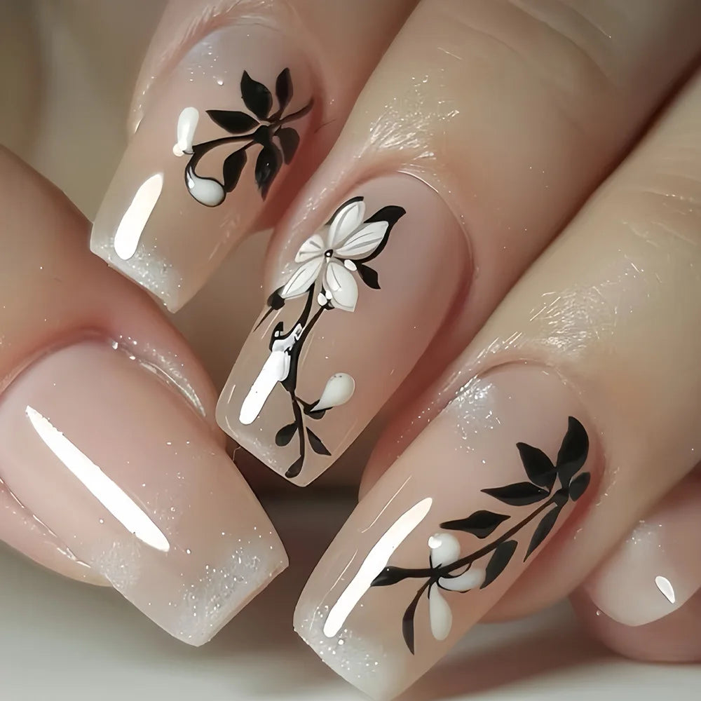 24Pcs Glitter Leaves Fake Nail with Designs Simple Roses Press on Ballet False Nail Patch Wearable Finished Full Cover Nail Tips