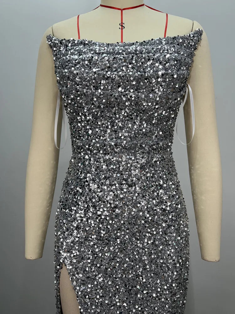 Women Sexy Strapless Backless Mesh Sequins Maxi Long Silver Bodycon Dress 2024 Elegant Party Evening Stage Performance Vestido