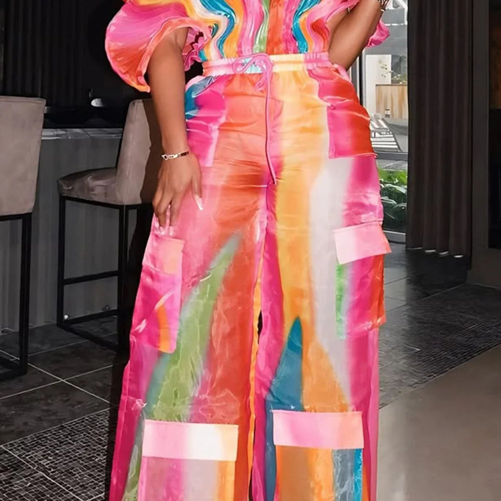 Plus Size Daily Hot Pink Gradient Round Neck Batwing Sleeve Half Sleeve Cargo Pleated Two Piece Pant Sets