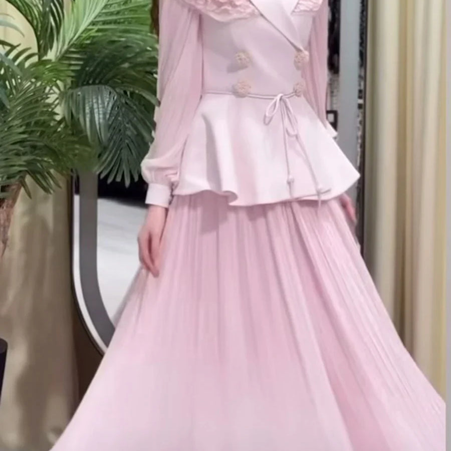 Slimming Two Piece Sets for Women Lapel Long Sleeves Spliced Double Bteasted Top Patchwork Mesh Skirt Female New