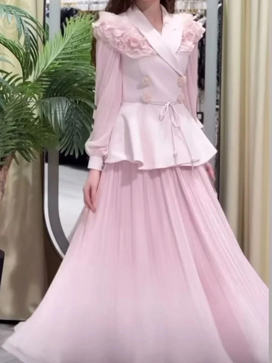 Slimming Two Piece Sets for Women Lapel Long Sleeves Spliced Double Bteasted Top Patchwork Mesh Skirt Female New