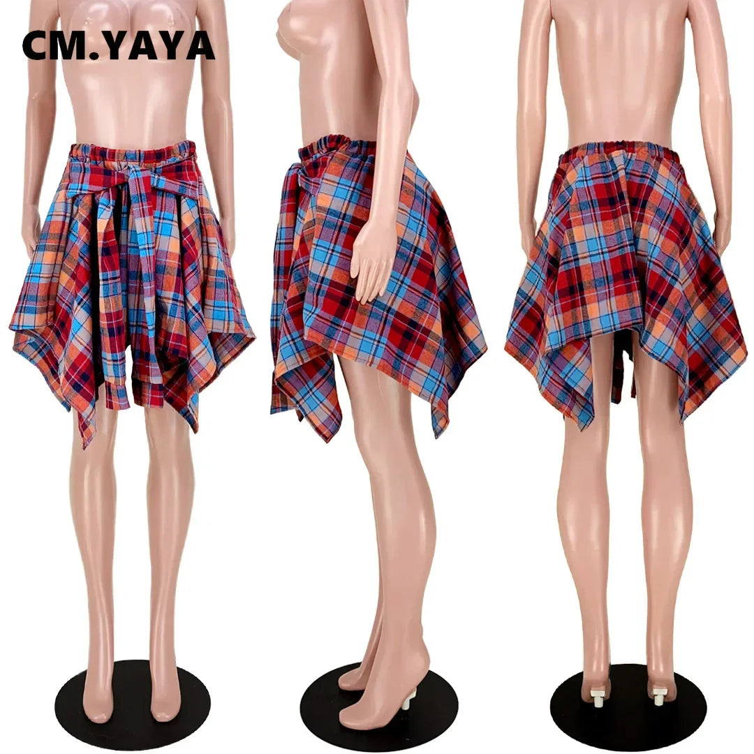 CM.YAYA Women Plaid Irregular High Waist Knee Length Skirts 2022 Summer Holiday Streetwear Sleeve Wrapped Lace Up Waist Skirt