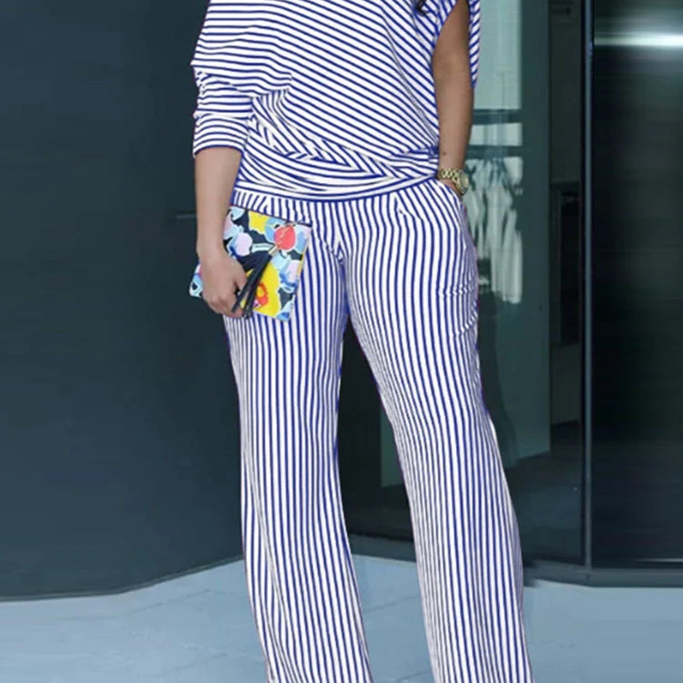 VONDA Plus Size Women Matching Sets 2025 Elegant Off Shoulder Pant Sets Printed Striped Trousers Suits Tops and Wide Leg Pants