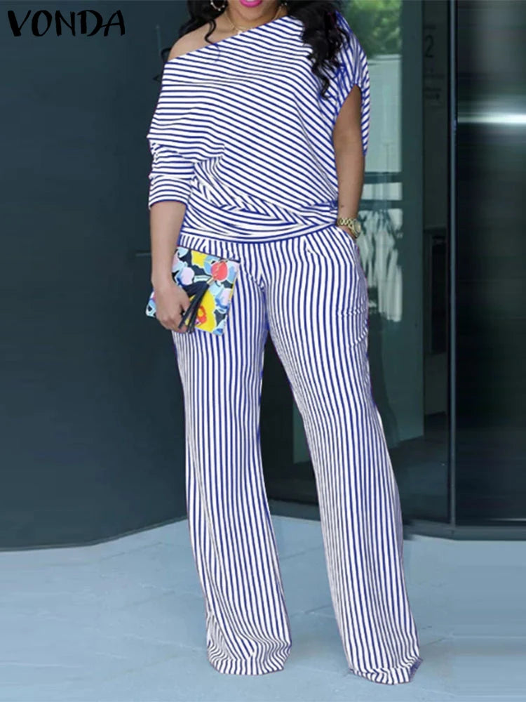 VONDA Plus Size Women Matching Sets 2025 Elegant Off Shoulder Pant Sets Printed Striped Trousers Suits Tops and Wide Leg Pants