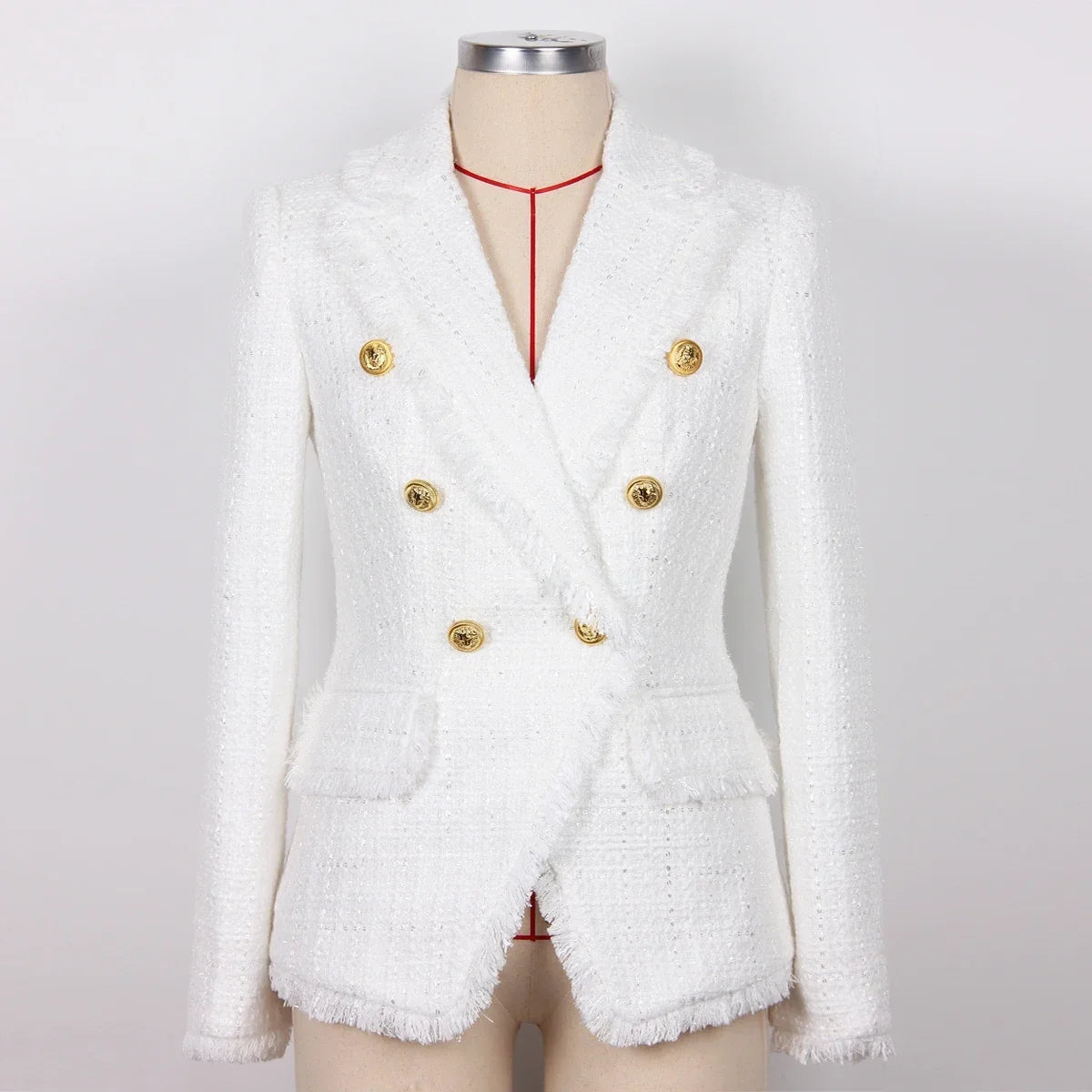 Fashionable and elegant tweed women's suit jacket with tassel edge gold buttons, high-quality design - black and white Blanco