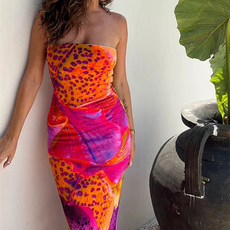 Leopard Floral Print Long Tube Dress for Women 2023 Summer Party Beach Strapless Off Shoulder Slim Dress Vestidos New Fashion