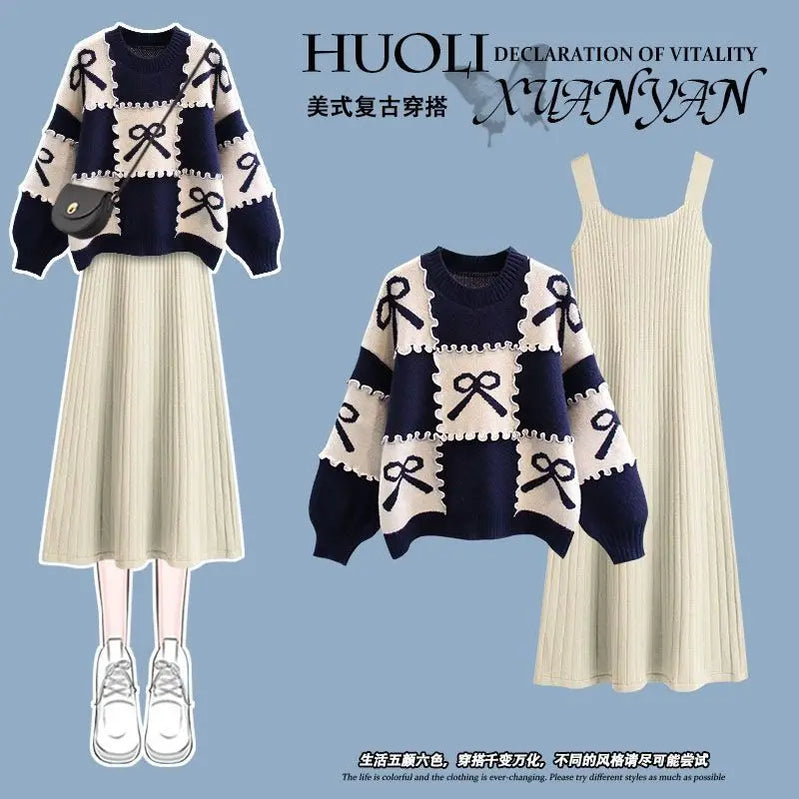 Japanese style lazy knitted sweater with dress two-piece autumn and winter suit for women new large size women's clothing Suit 4