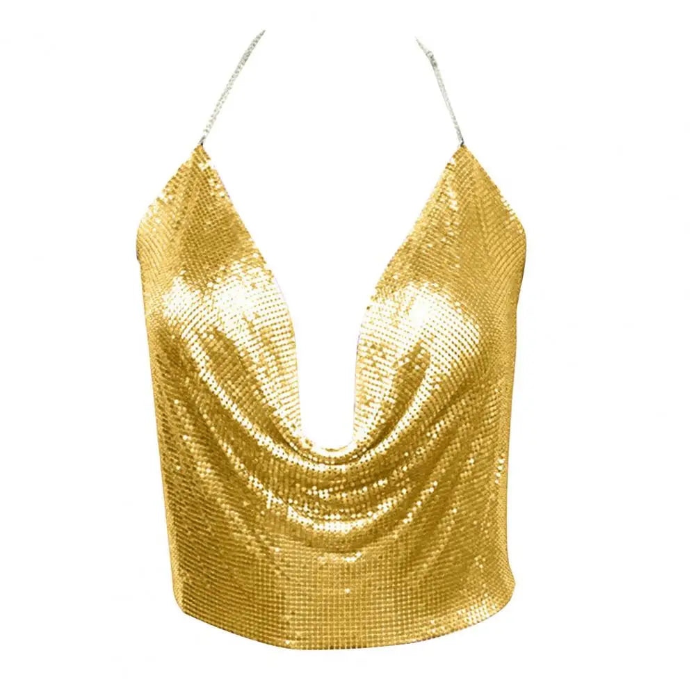 Sexy Vest Loose Summer Vest Deep V-neck Sleeveless Off Shoulder Navel Exposed Women Metal Texture Sexy Low-cut Halter Top Dating Golden One Size