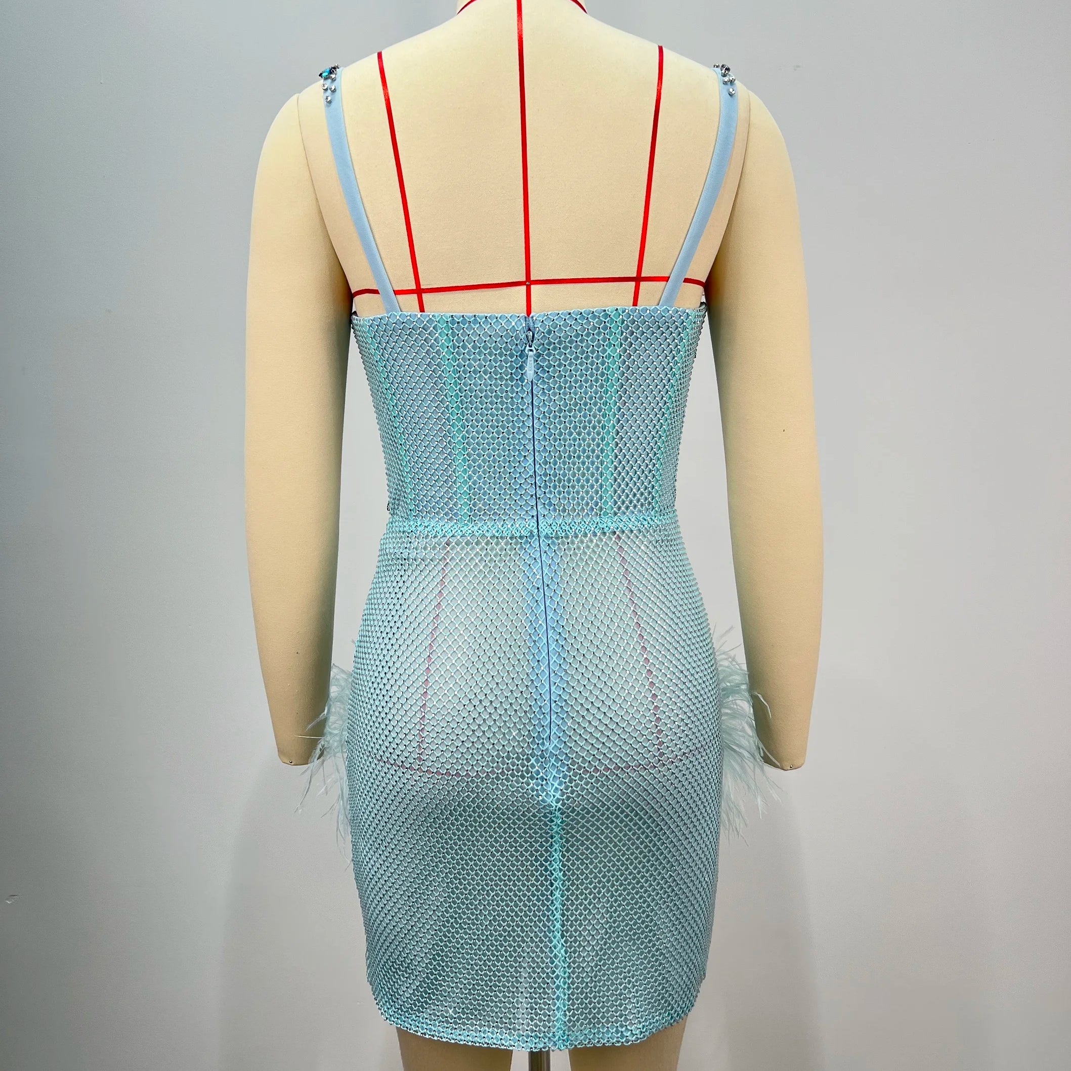 Luxury Feather Dazzling Diamonds Sexy Mesh See Through Light Blue Mini Dress Celebrity Birthday Party Dress Performance Costume