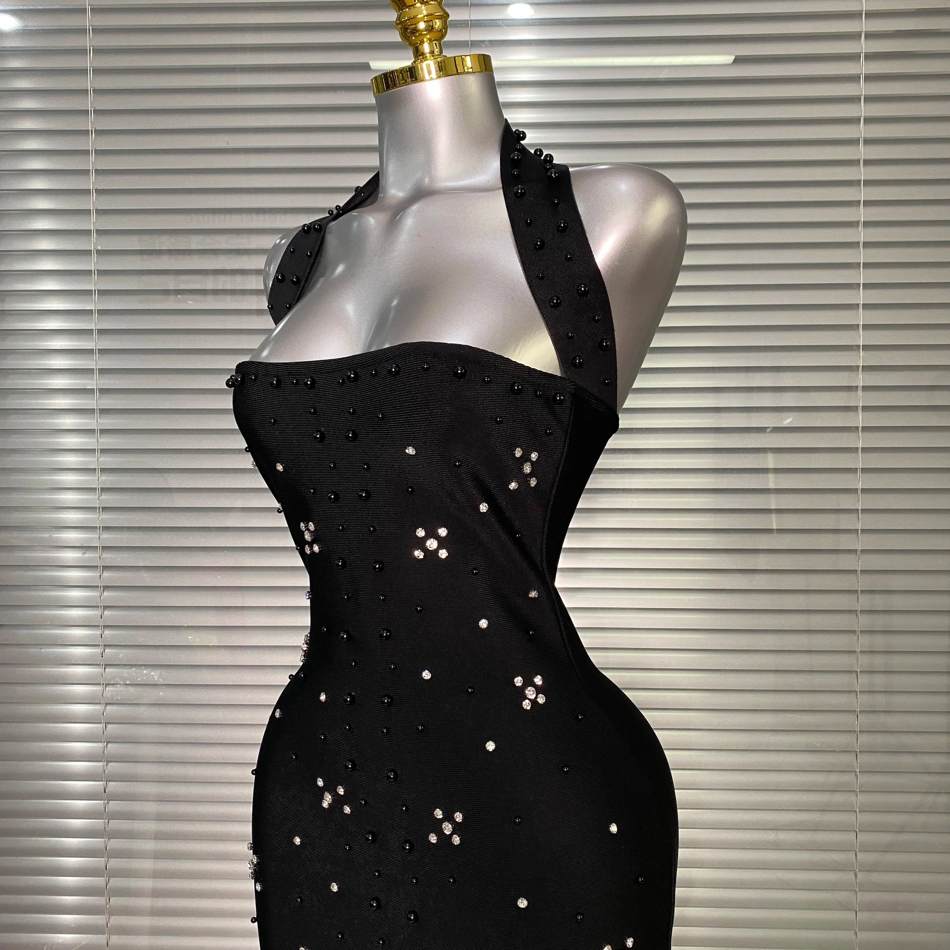 Summer New 2025 Women Black Halter Long Bodycon Bandage Dress Crystal Beaded Backless Evening Party Dress Vestido