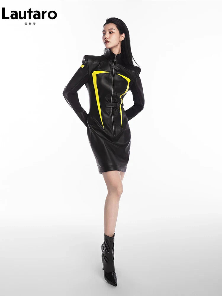 Spring Autumn Cool Red and Black Patchwork Faux Leather Maxi Dress Women with Detachable Hem Luxury Designer Clothing