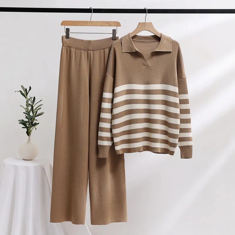 Winter Knit Tracksuit Two Piece Set Striped Sweater Matching Sets Women Knit Suit Knitted Two Piece Pants Sets For Women 2023 Khaki One Size