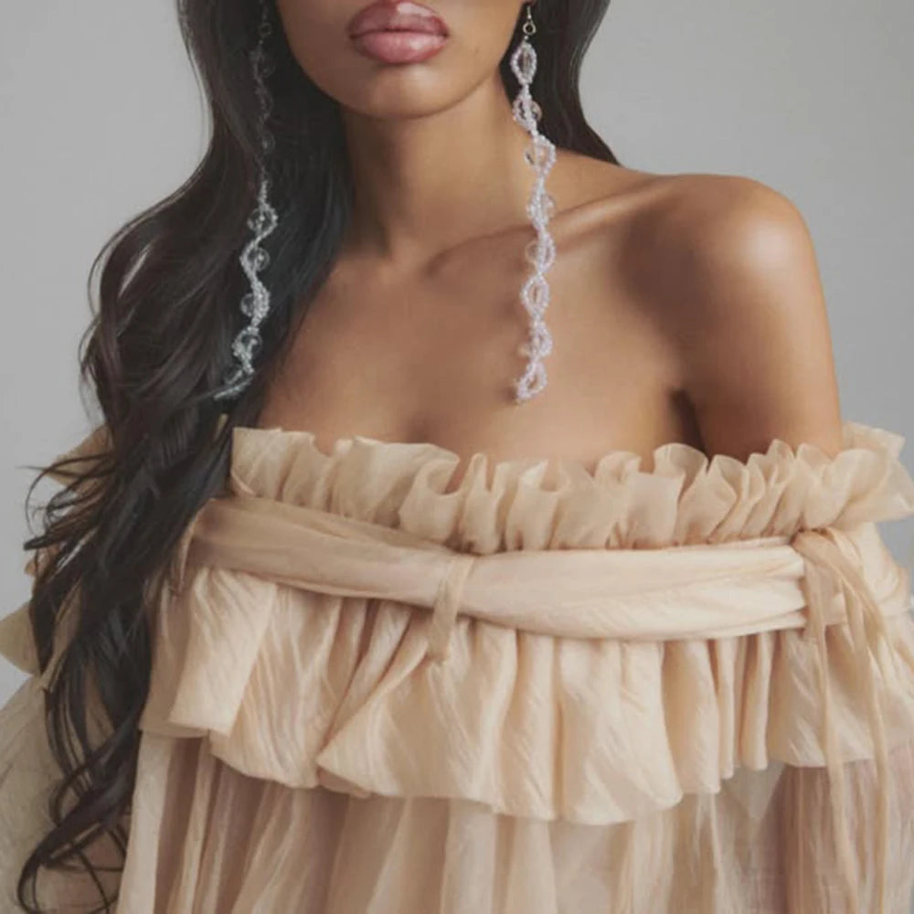 TWOTWINSTYLE Solid Loose Spliced Folds Blouse for Women Slash Neck Long Sleeves Patchwork Lace Up Fashion Top Female Clothing