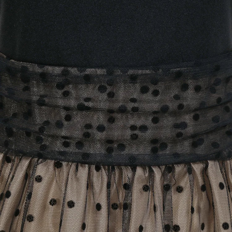 Tonval Round Neck Ruched High Waist Vintage Dot Mesh Overlay Pleated Dress Women Short Sleeve Evening Elegant Party Midi Dresses