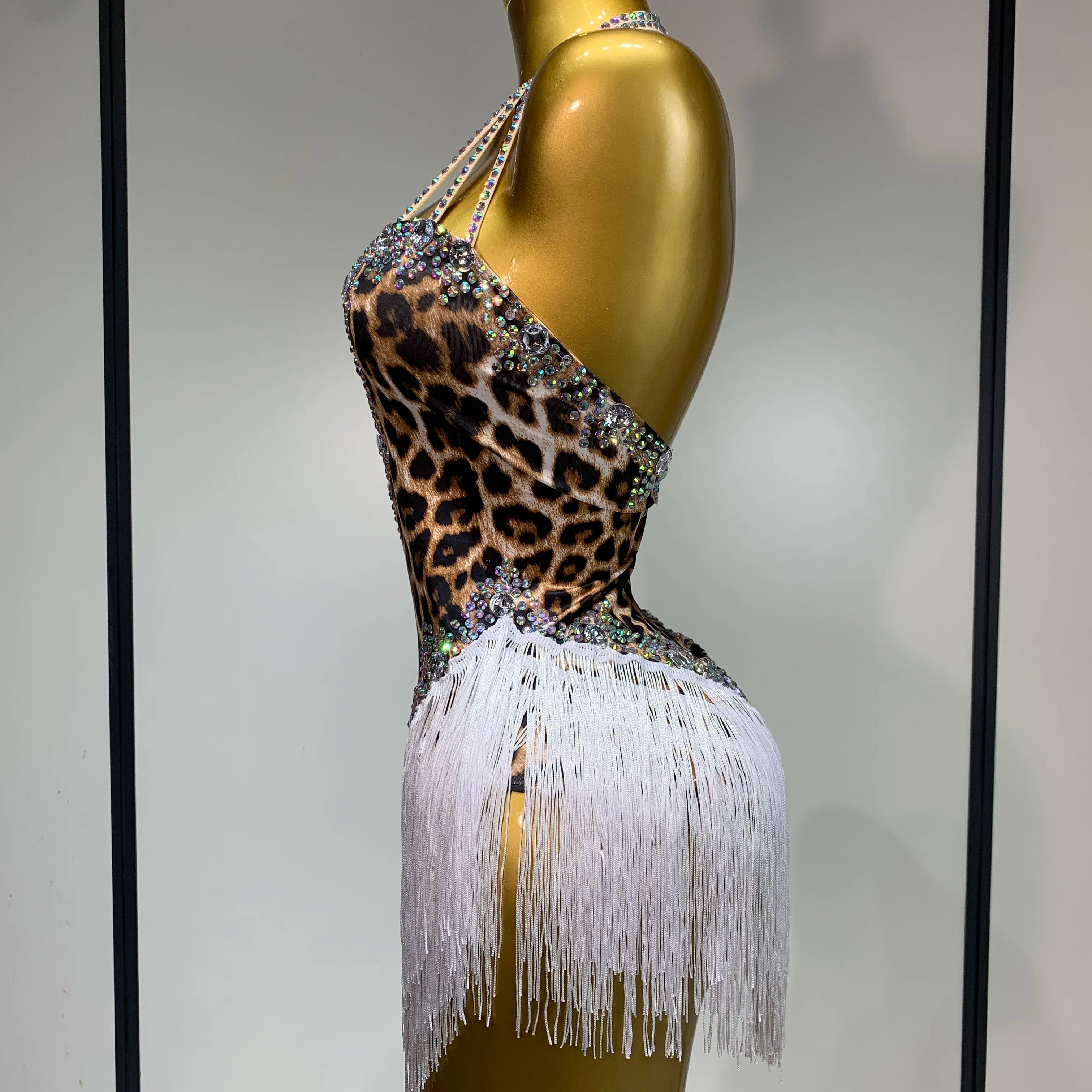 Sexy Backless Sparkly Rhinestones Tassel Leopard Print Bodysuit Performance Dance Costume Singer Dancer Stage Wear Club Outfit
