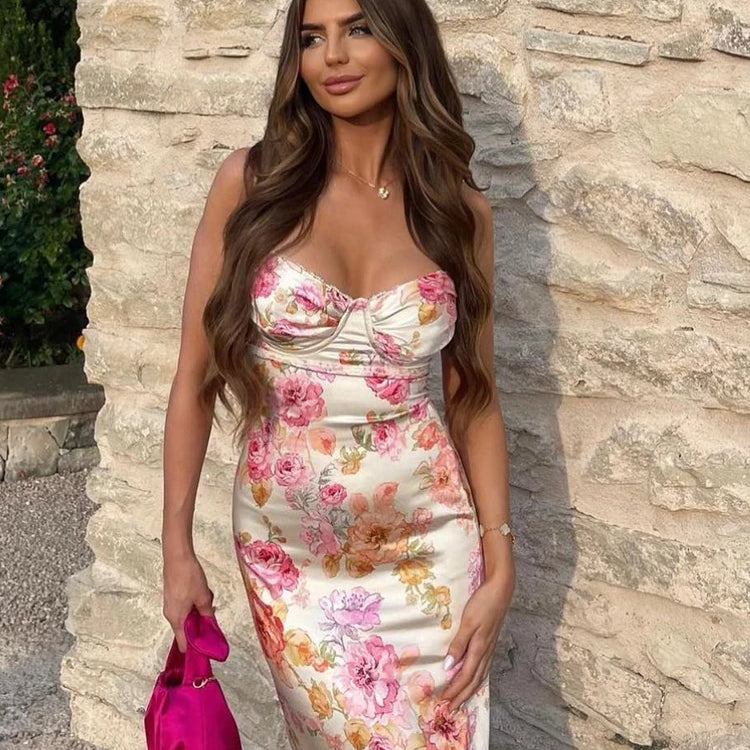 Summer Spaghetti Strap Floral Print Party Dresses Elegant Maxi Bodycon Wedding Guest Holiday Dress New In Dress