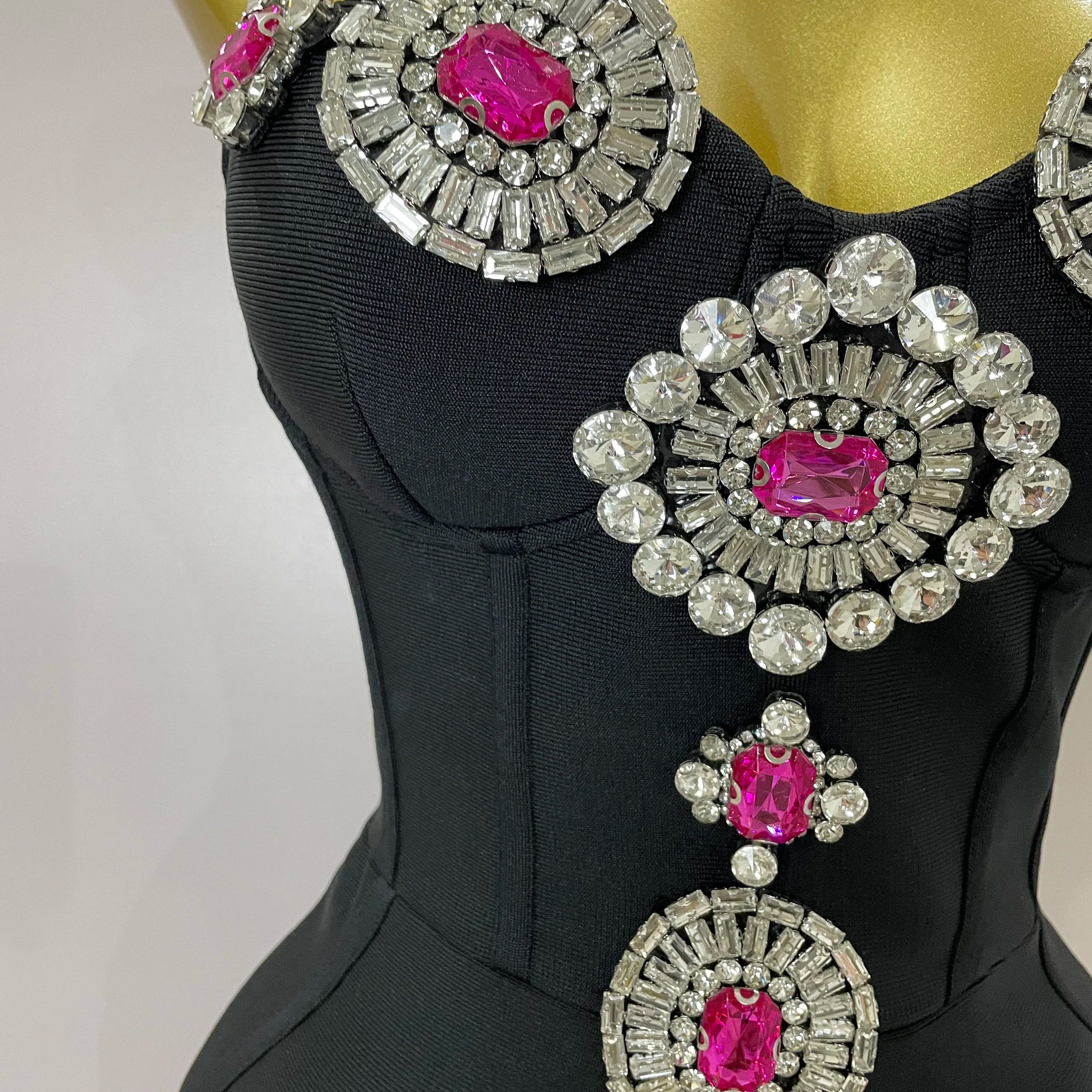 Luxury Sexy Strapless Backless Crystal Diamonds Black Bodycon Bandage Jumpsuit 2025 Women Celebrity Designer High Street Rompers