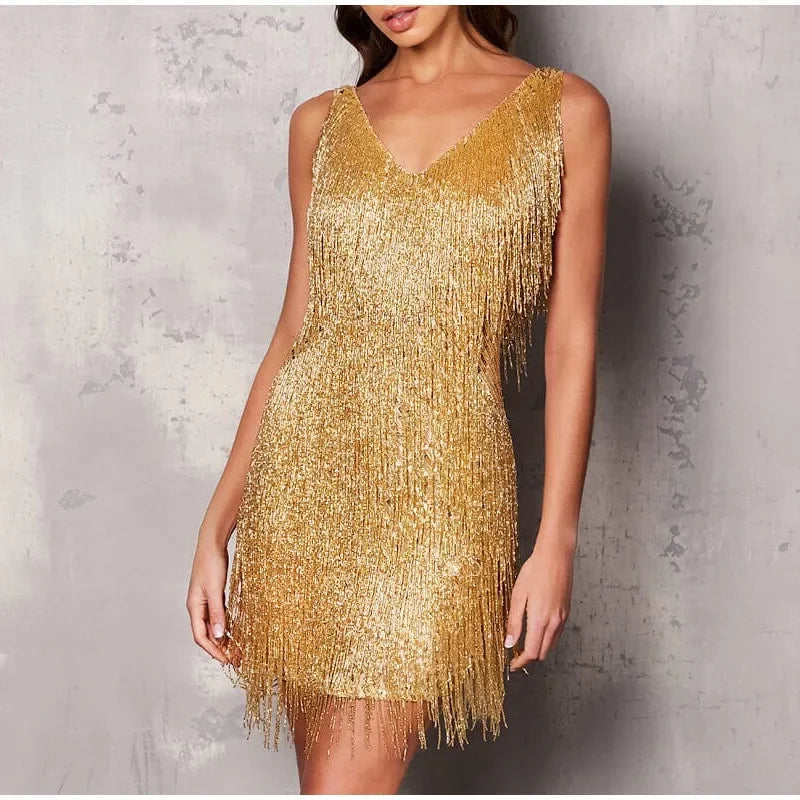 Sexy Women's Fringed Sequin Feather Stitching Dress Summer Slim V-Neck Off Shoulder Dresses Female Backless Slip Mini Robe