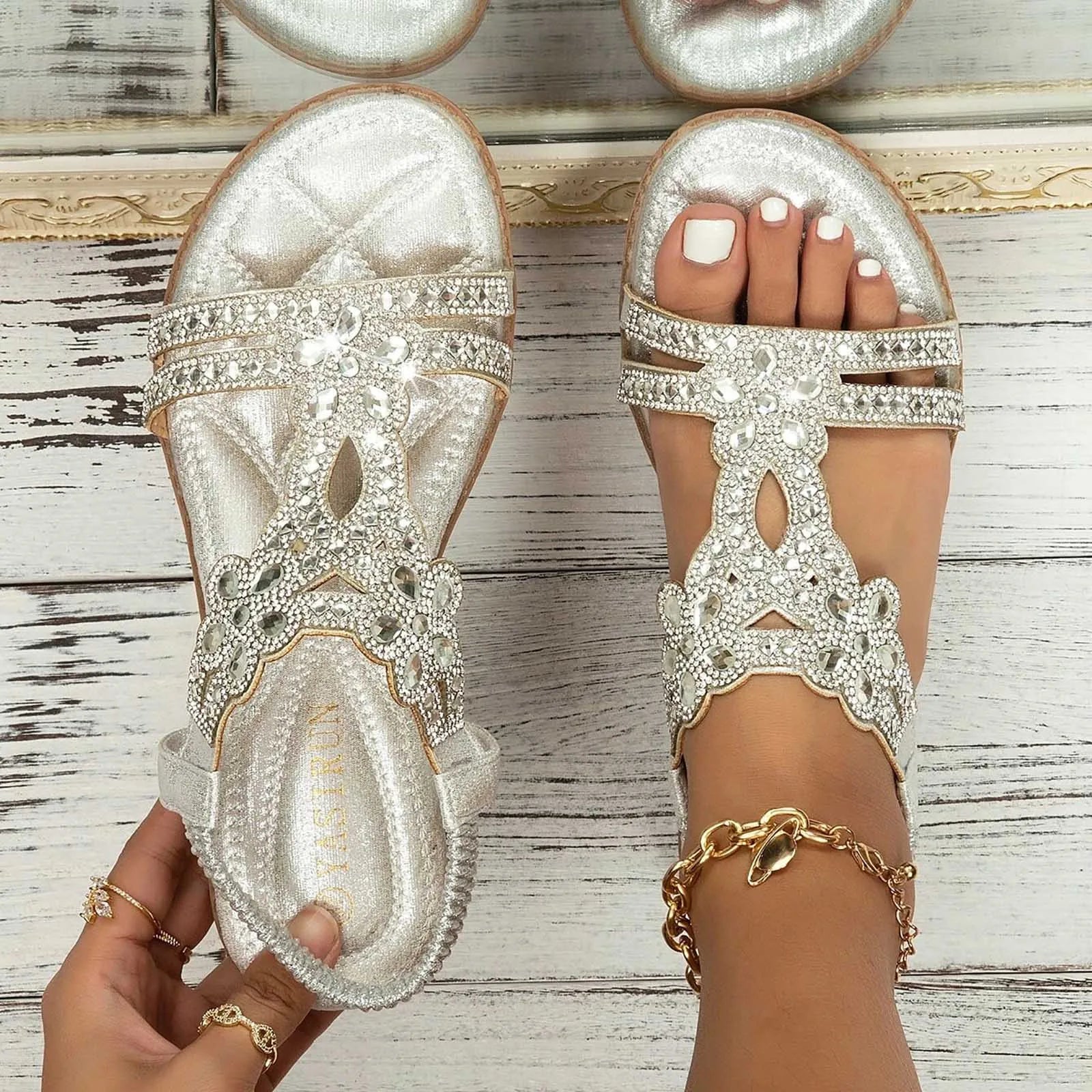 Rhinestones Sandals For Women With Elastic Ankle Strap Bohemian Beach Shoes Fashion Crystal Floral Casual Open Toe Shoes Silver