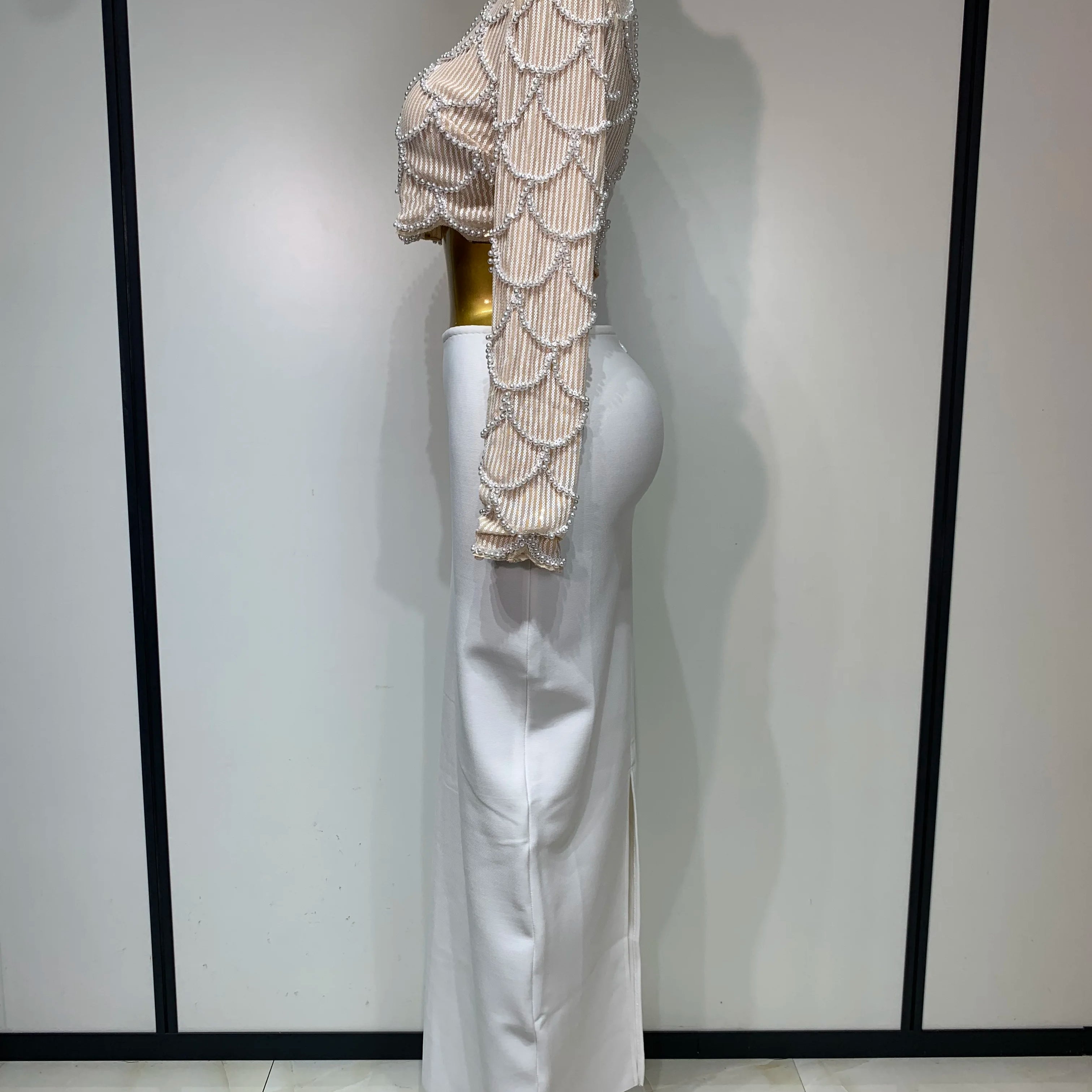 Women Long Sleeve Sexy Beading Tops Two Pieces Set Bodycon Long Bandage Dress Luxury Birthday Evening Party Wedding Guest Gowns