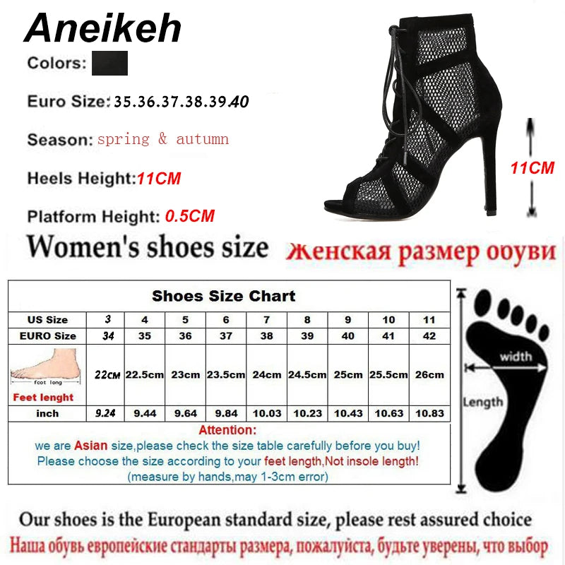 Black Mesh Women's Boots Fashion Peep Toe Lace-up High Heels Women Transparent Ankle Boots Female Sandals Pumps Dress