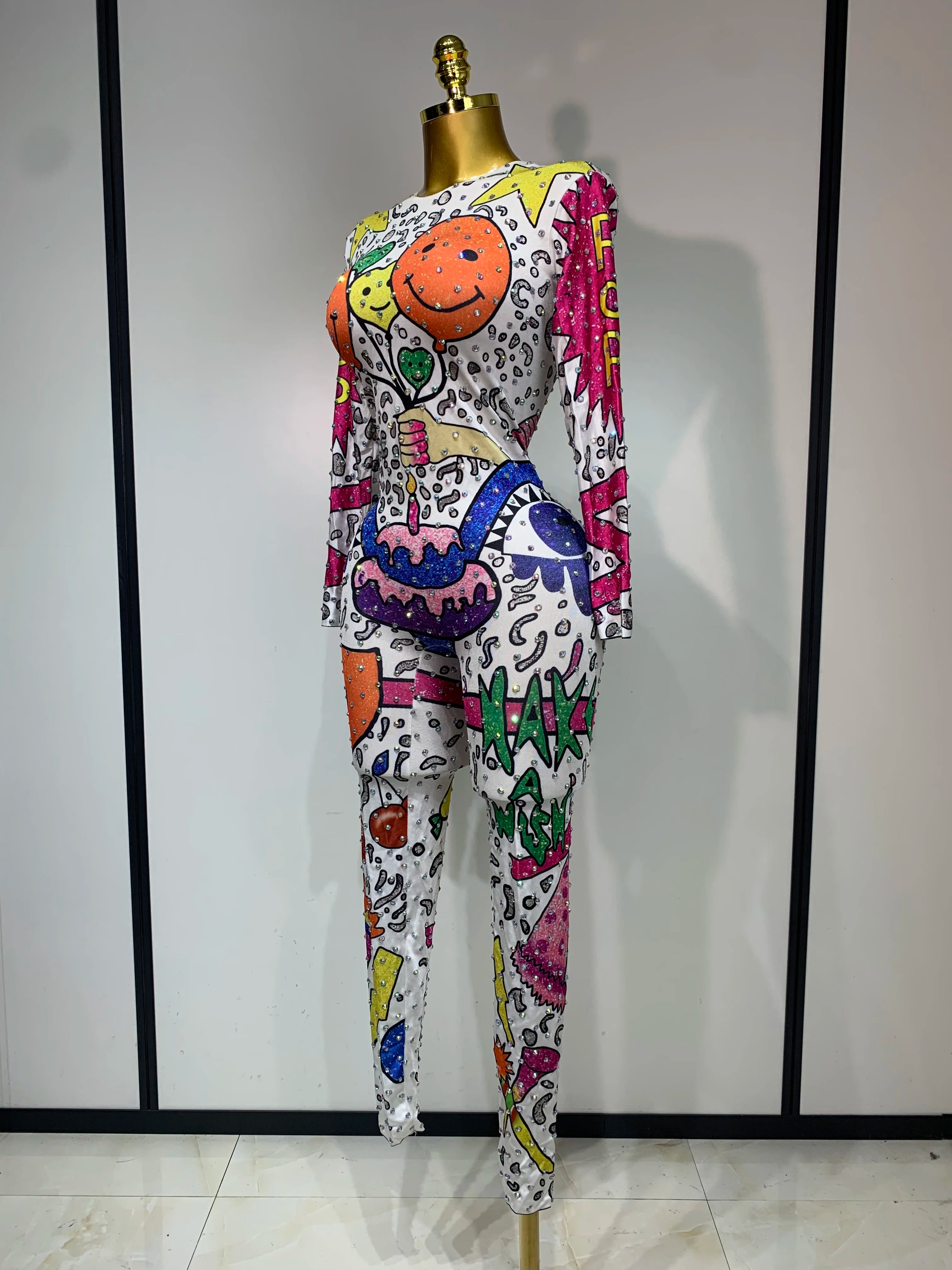 Sparkly Colorful Balloon Cartoon Stretch Sexy Dance Stage Jumpsuit Birthday Party Shiny Rhinestone Performance Club Stage Outfit