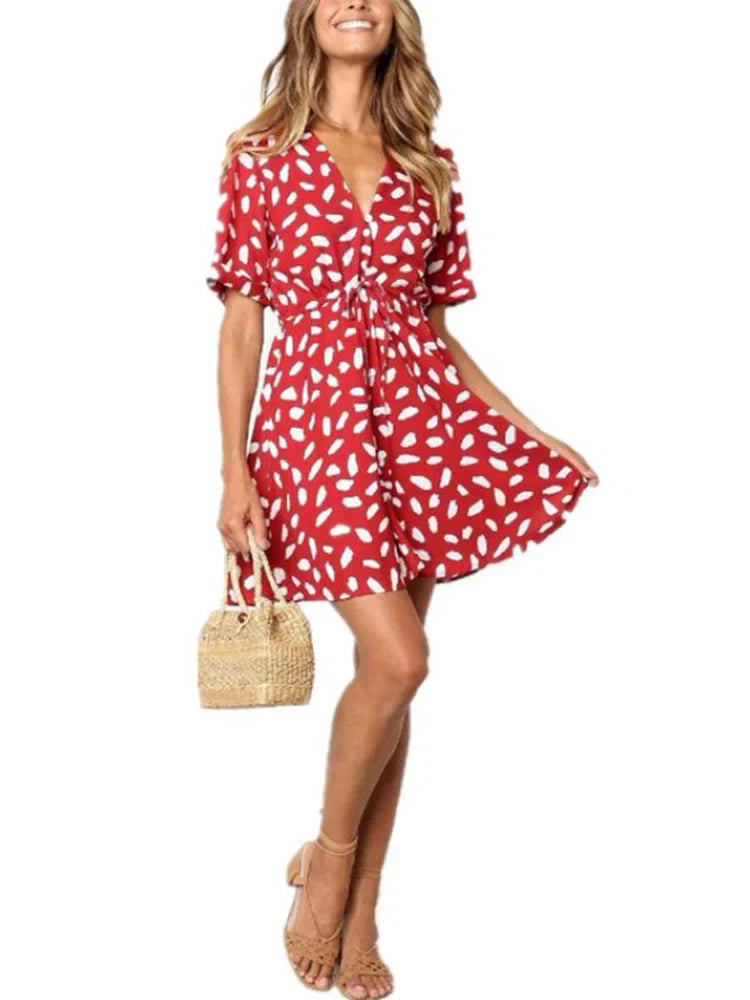 White Sand Spot Mini Summer Dresses Women V Neck Casual Beach Sundress Sexy Botton Wrap Bodycon Dress Female Red