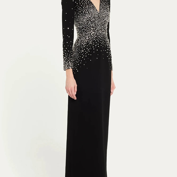 VC Black Long Sleeves Pearls Embellished Long Dress For Women V Neck Beaded Celebrity Party Evening Gowns Vestidos