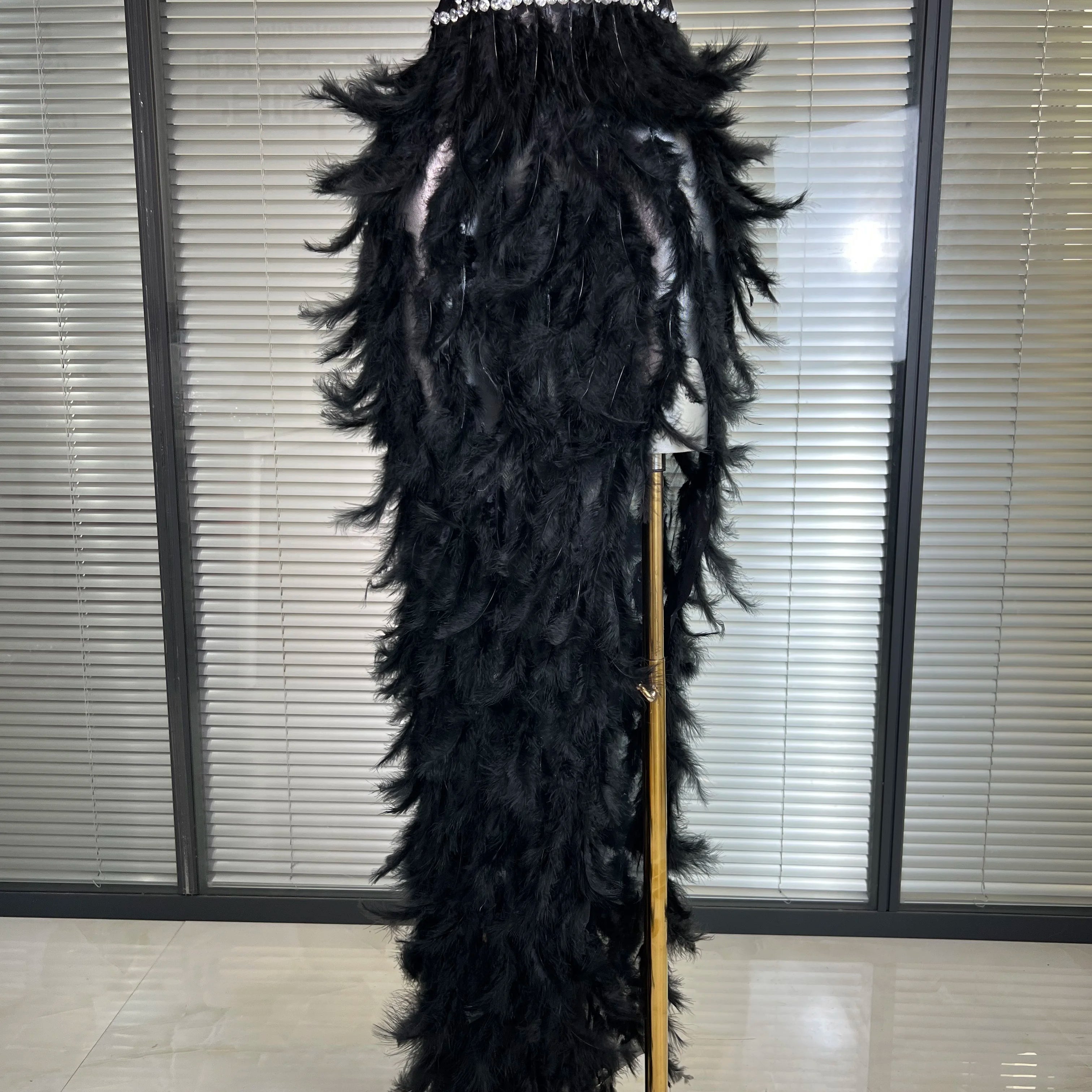 New Women Sexy Mesh Stretched Split Feathers Performance Costume Stage Black Nude High Stretchy Night Club Party Maxi Dress