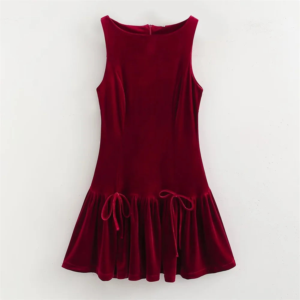 UNIZERA Retro Style Bow Tie Velvet Dress Winter Round Neck Sleeveless Solid Color Slimming Short Skirt