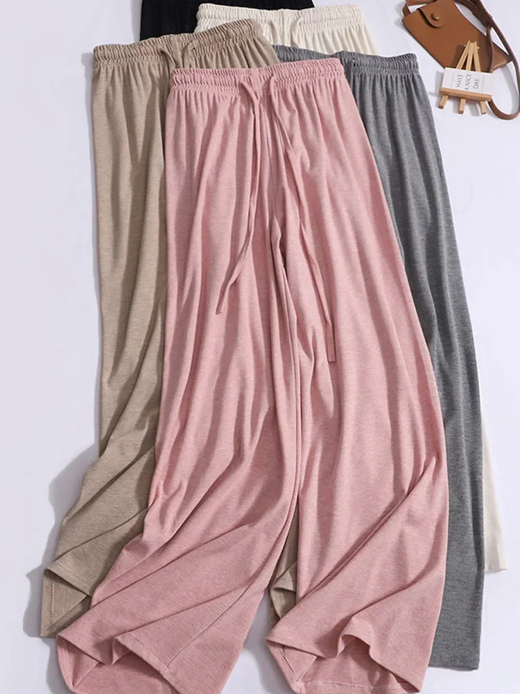ITOOLIN Women Casual Straight Pants Drawstring Elastic Waist Thin Solid Pants Sports Wide Leg Trousers For Women Spring