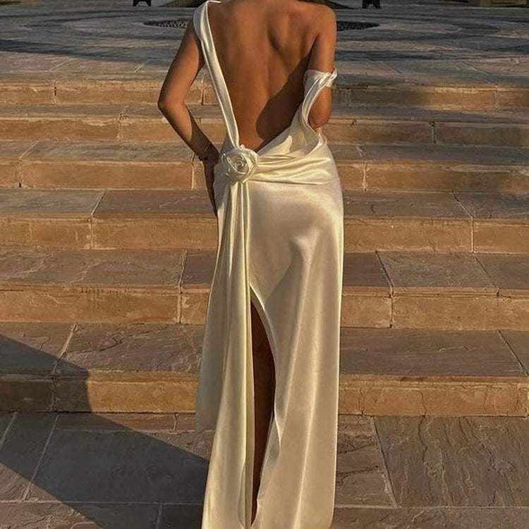 Satin Backless Sexy Maxi Dress For Women Elegant Rose Thigh High Split Beach Holiday Long Dress Gorgeous Club Gown