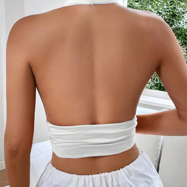 Sleeveless Backless Deep V-neck Halter Top Women Summer Club Party Sexy Solid Color Crop Tops Streetwear Y2K Clothes
