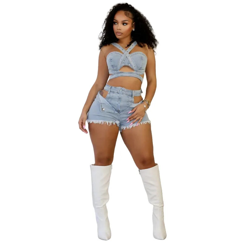 CM.YAYA Fashion Denim Cutout Women's Set Wrap Strap Crop Top and Shorts Jeans 2025 Summer Two 2 Piece Sets Outfits Tracksuit Light Blue