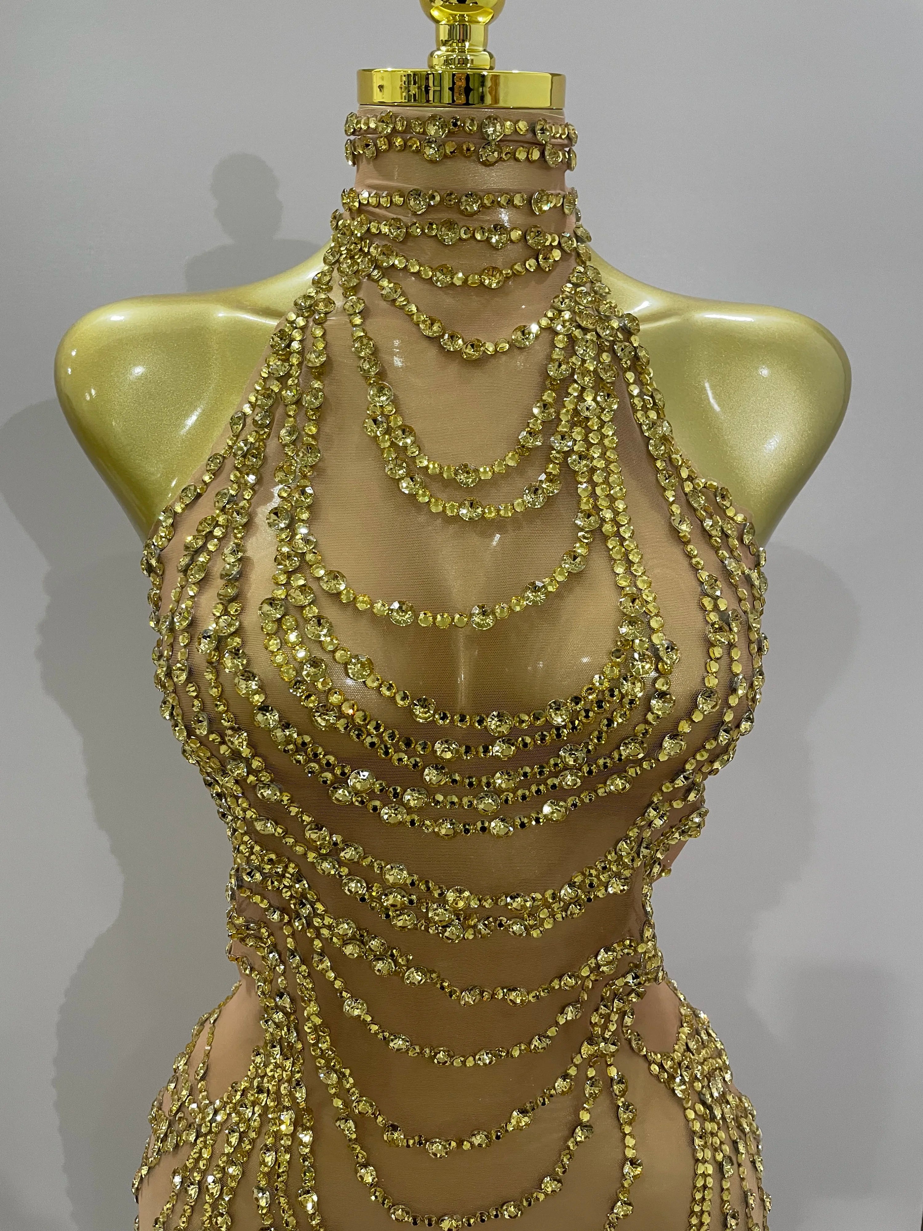 Luxury Sparkly Gold Rhinestone Sexy Transparent Mesh Long Dress 2025 Women Birthday Party Gown Stage Singer Performance Costume