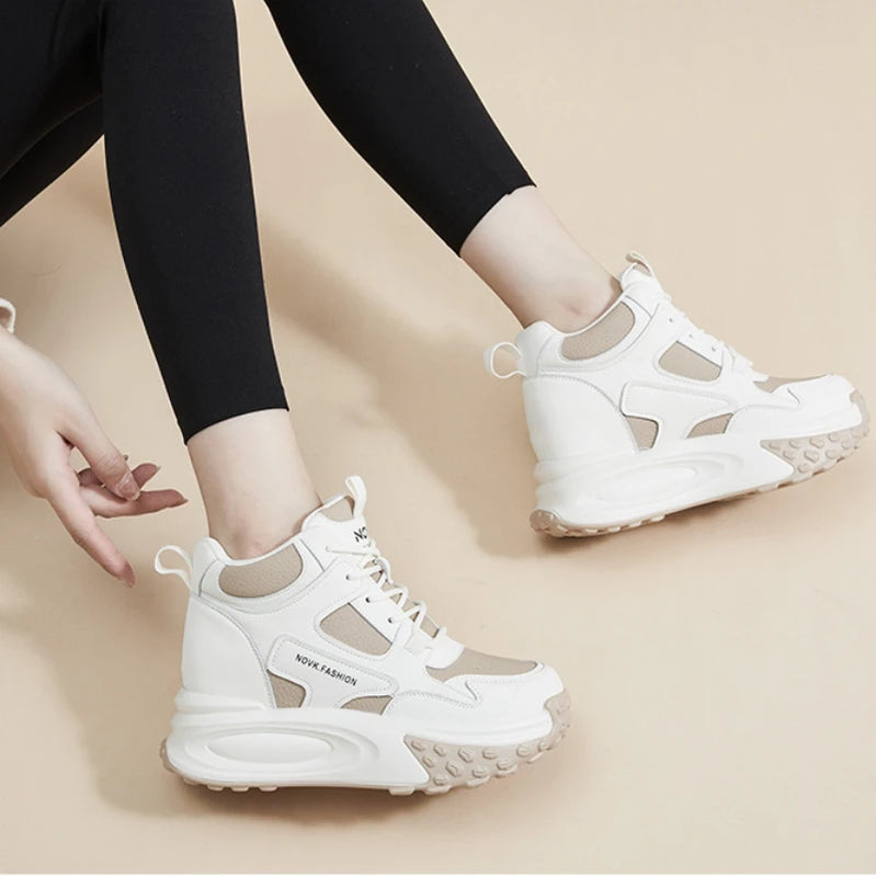 Fujin 8.5cm Cow Genuine Leather Thick Soled Spring Platform Wedge Chunky Sneakers Women Autumn Fashion Hidden Heels Ladies Shoes