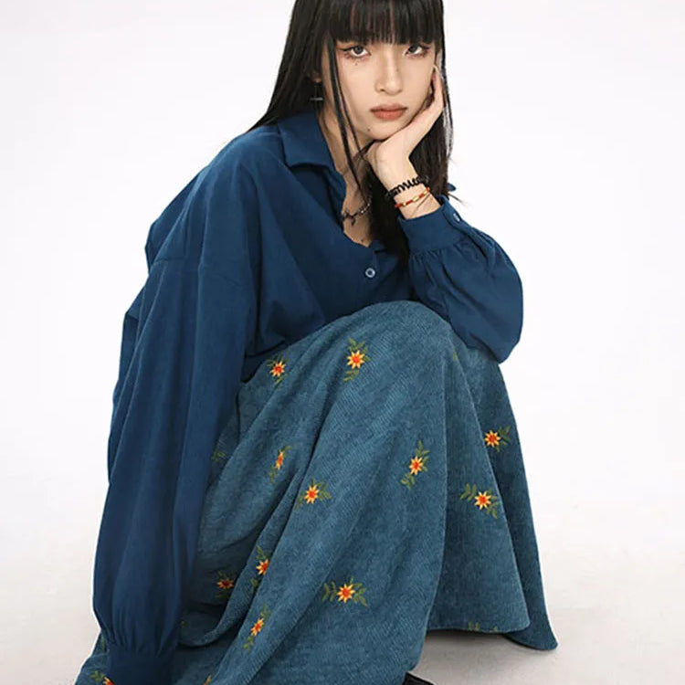 Korean Style High Waist Corduroy Embroidery Long Skirt Women Autumn Winter Loose Floral A-line Skirt Casual Retro Skirt Elegant