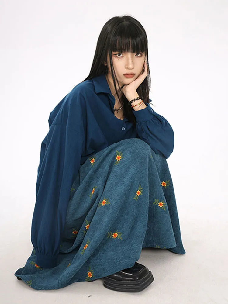 Korean Style High Waist Corduroy Embroidery Long Skirt Women Autumn Winter Loose Floral A-line Skirt Casual Retro Skirt Elegant