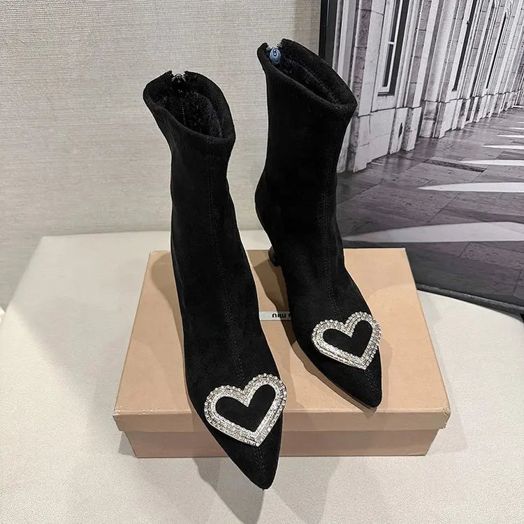 Ankle Boots Women Boots Women Shoes Woman Fashion High-heeled Pointed Flock Boots Spring Autumn Rhinestone Short Boots 8