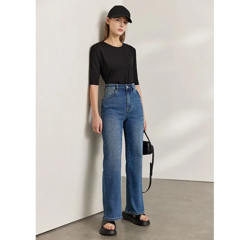 Minimalism Autumn Jeans For Women Straight Trousers Cotton Denim High Waist Wide Leg Casual Loose Pants denim blue