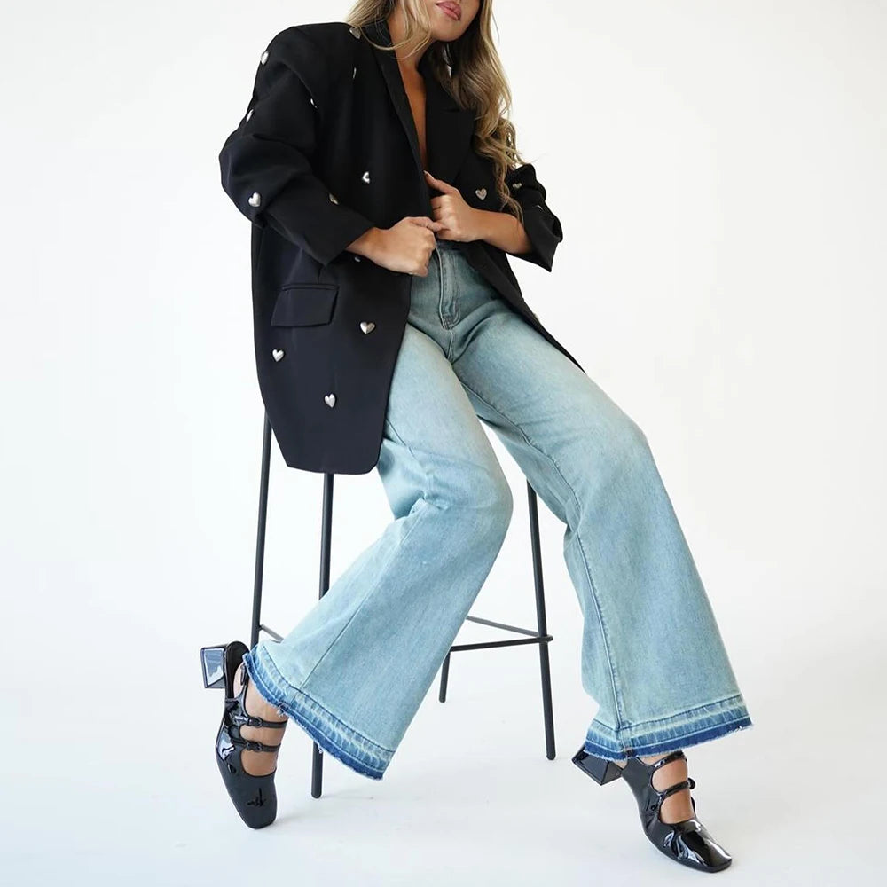 TWOTWINSTYLE Elegant Spliced Heart Blazers For Women Notched Collar Long Sleeve Patchwork Pockets Chic Blazer Female Fashion New