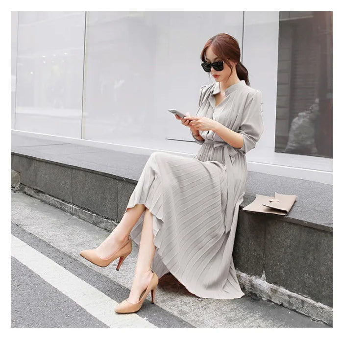 Elegant Chiffon Long Sleeve Shirt Dress Korean Fashion Women Belt Lace Up A-line Pleated Maxi Dress 2023 Fall Clothes Streetwear Light grey