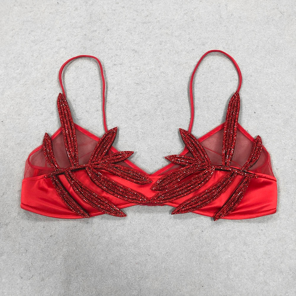 2025 Sexy Women'S Chiffon Patchwork Satin Diamond Studded Bra Top Spaghetti Strap Sleeveless Concealed Button Ultra Short Top