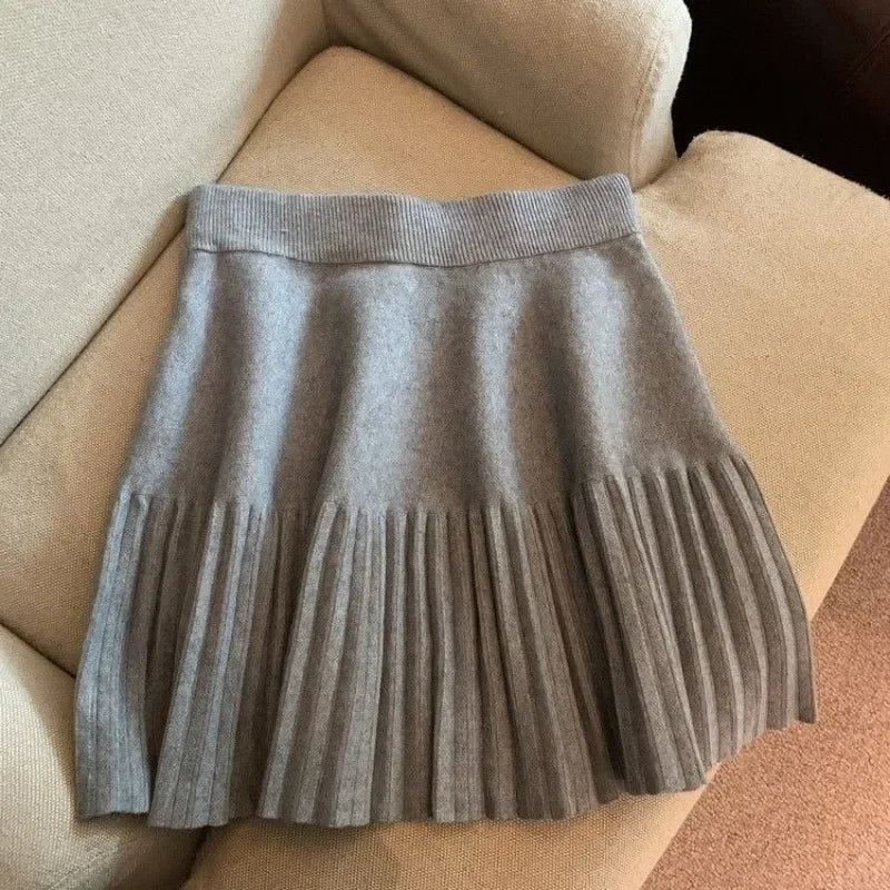 Pleated Skirt Women's Winter High-waisted A-line Skirt Knitted Skirt Preppy Style Women Clothing Gray One size