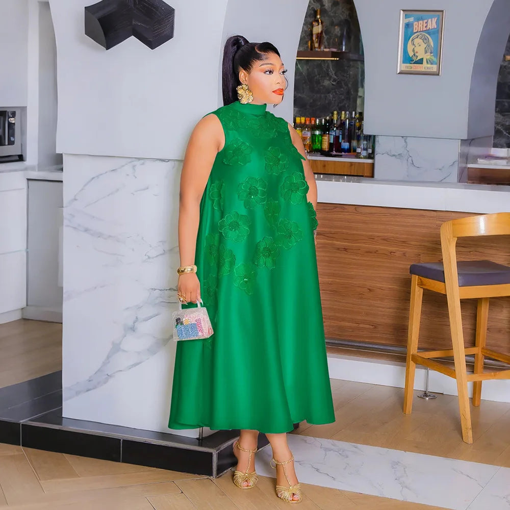 CM.YAYA Elegant Women Sleeveless Loose 3D Flower O-neck Dress 2025 Summer Bodycon African Street Midi Maxi Long Dresses Vestidos