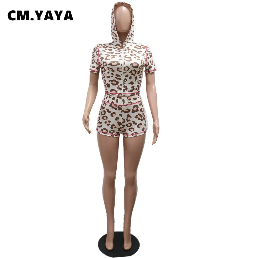 CM.YAYA Fashion Leopard Print Women's Set Short Sleeve Hoodies + Shorts Suit 2025 Streetwear Active Two 2 Piece Set Tracksuit