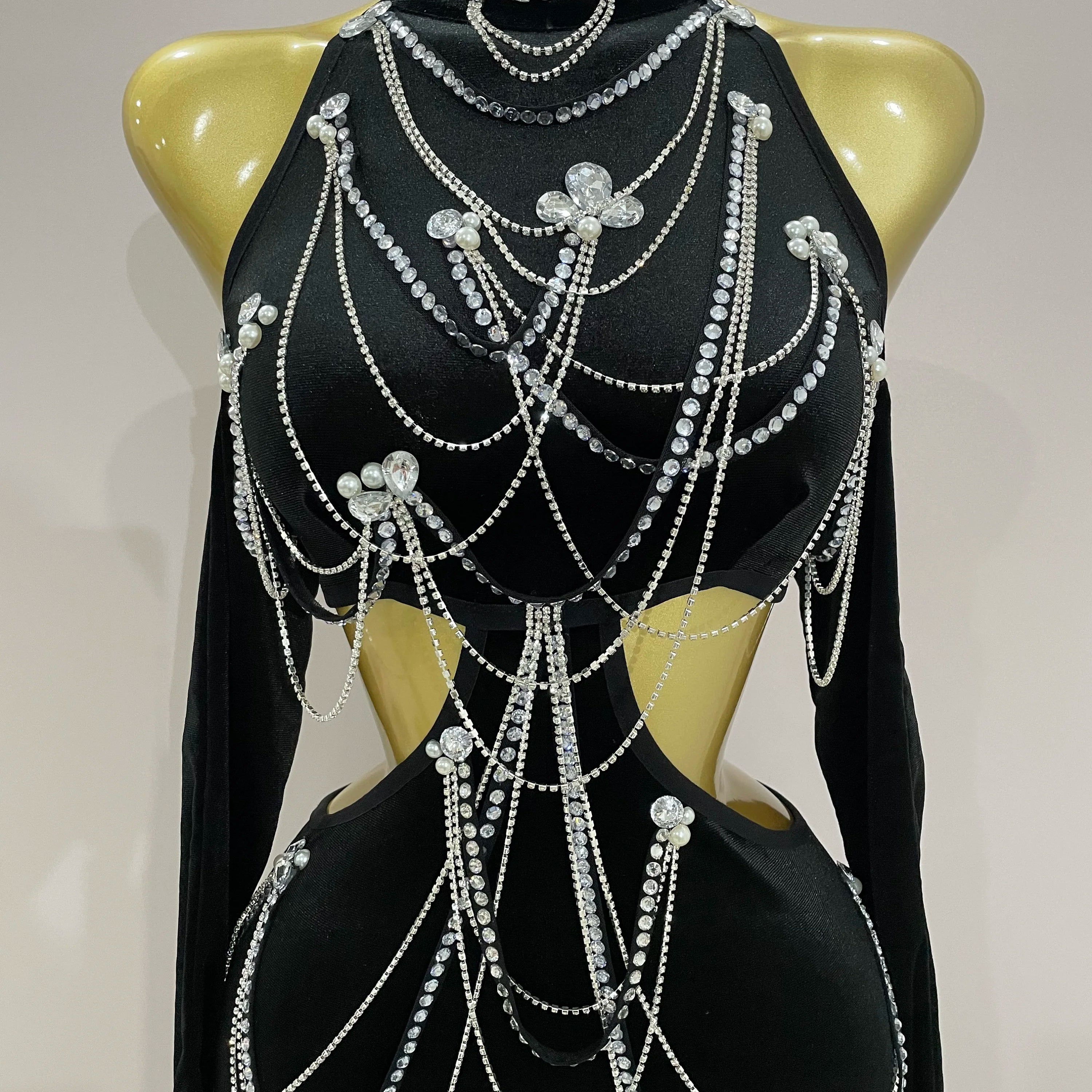 2025 Women Sparkly Diamonds Tassels Chain Balck Sexy Halter Backless Long Dress Evening Birthday Party Celebrate Stage Costume