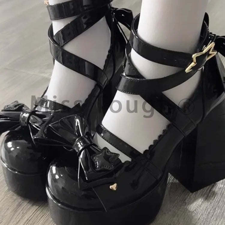 Sweet Vintage Mary Janes Shoes Women Star Buckle Lolita Kawaii Platform Shoes Female Bow-knot Cute Designer Shoes 2023 Summer