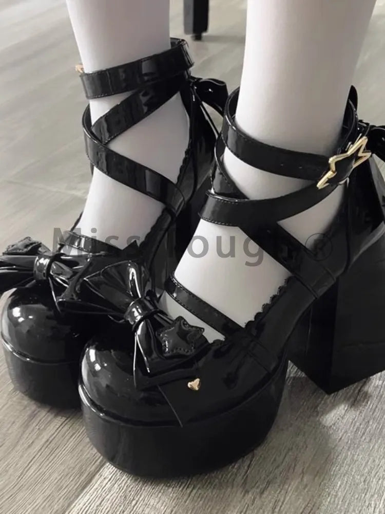 Sweet Vintage Mary Janes Shoes Women Star Buckle Lolita Kawaii Platform Shoes Female Bow-knot Cute Designer Shoes 2023 Summer