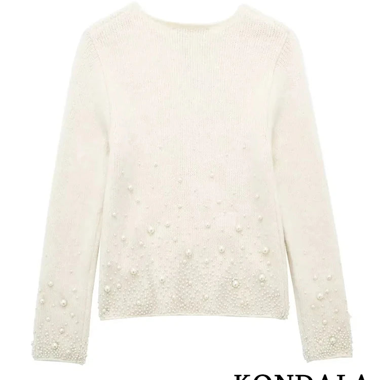 Vintage Knitted Pearl Women Suits Long Sleeve O Neck Thick Sweater+High Waist Knit Skirts Fashion Elegant Women Set